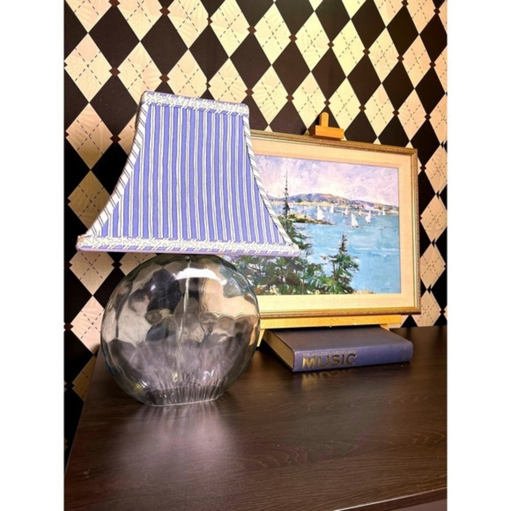 Coastal Aqua Blue Glass Table Lamp Blue White Striped Shade - Picture 4 of 11